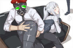 Rule 34 | ..., 1boy, 1girl, 1other, ahegao, ak-12, ak-12 (girls&#039; frontline), ass, assault rifle, beret, black ribbon, blush, boots, braid, breasts, breath, closed eyes, commander (girls&#039; frontline), commentary request, couch, fingerless gloves, gas mask, girls&#039; frontline, gloves, griffin &amp; kryuger military uniform, hat, kageshio (276006), kalashnikov rifle, large breasts, mask, necktie, pants, ponytail, ribbon, shirt, silver hair, spanking, spoken ellipsis, tactical clothes