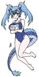 Rule 34 | 1girl, acesrulez, alternate costume, animal ears, arms under breasts, blue eyes, blue hair, blue one-piece swimsuit, blush, breasts, cleft of venus, closed mouth, clothes writing, collarbone, competition school swimsuit, competition swimsuit, covered navel, crossed arms, dragon ears, dragon girl, dragon tail, feet, female focus, full body, hair ornament, huge breasts, kemono friends, legs, long hair, looking at viewer, matching hair/eyes, one-piece swimsuit, school swimsuit, seiryuu (kemono friends), simple background, solo, sweatdrop, swimsuit, tail, thighs, toes, translation request, twintails, white background
