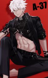 Rule 34 | 1boy, a-37, abs, absurdres, barefoot, belt, black belt, black gloves, black jacket, black pants, black shirt, character name, closed mouth, cross, cross necklace, expressionless, fingerless gloves, gloves, hachino mido, hair between eyes, highres, jacket, jewelry, long bangs, looking at viewer, mahjong soul, male focus, navel, necklace, open clothes, open jacket, pants, red background, shirt, short hair, short sleeves, simple background, solo, tan, toned, toned male, white hair, yellow eyes