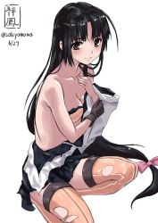 Rule 34 | 10s, 1girl, ahoge, bandeau, bare shoulders, black eyes, black gloves, black hair, black skirt, blush, bow, breasts, character name, cleavage, dated, from side, full body, gloves, hair bow, hand on own chest, holding own arm, japanese clothes, jpeg artifacts, kanji, kantai collection, kneeling, leotard, long hair, looking at viewer, low-tied long hair, miniskirt, on one knee, orange thighhighs, parted bangs, pleated skirt, sakiyamama, shouhou (kancolle), simple background, single glove, skirt, solo, striped clothes, striped thighhighs, thighhighs, torn clothes, torn leotard, torn thighhighs, twitter username, vertical-striped clothes, vertical-striped thighhighs, very long hair, white background