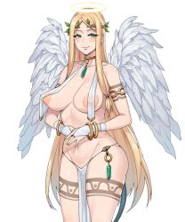 Rule 34 | 1girl, angel, angel wings, areola slip, asa (teng zi), blonde hair, breasts, green eyes, large areolae, large breasts, long hair, nail polish, navel, nipples, puffy areolae, see-through, simple background, solo, standing, tail of desire 0, white background, wings