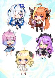 Rule 34 | 5girls, :d, absurdres, ahoge, amane kanata, amane kanata (work), animal ears, aran sweater, asacoco, asymmetrical legwear, black bow, black bowtie, black gloves, black headwear, black skirt, black socks, black thighhighs, blonde hair, blue dress, blue eyes, blue hair, blue thighhighs, blush stickers, bob cut, bow, bowtie, cable knit, chibi, crown, curled horns, demon tail, dress, fang, full body, gloves, gradient dress, gradient hair, green eyes, grey hair, hair bun, hair ornament, hairclip, halo, hand up, hat, hat pin, highres, himemori luna, himemori luna (sundress), holding, hololive, horn bow, horn ornament, horned hat, horns, jacket, jewelry, kiryu coco, kiryu coco (loungewear), long hair, long sleeves, looking at viewer, mini crown, miniskirt, multicolored hair, multiple girls, necklace, noi mine, open clothes, open jacket, open mouth, orange hair, parted lips, partially fingerless gloves, piercing, pink hair, pleated skirt, purple eyes, purple hair, red eyes, red jacket, red socks, shirt, single side bun, single thighhigh, skin fang, skirt, smile, socks, standing, star halo, sweater, sweater jacket, tail, tail ornament, tail piercing, thighhighs, tokoyami towa, tsunomaki watame, twintails, two side up, uneven legwear, very long hair, virtual youtuber, white bow, white bowtie, white dress, white jacket, white shirt, white socks