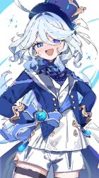 Rule 34 | 1girl, blue eyes, blue hair, blue hat, blue jacket, furina (genshin impact), genshin impact, hand on own chest, hat, highres, jacket, light blue hair, looking at viewer, morumoru x, open mouth, short shorts, shorts, simple background, smile, solo, tongue, white shorts