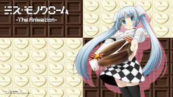 Rule 34 | 10s, 1girl, black thighhighs, blue eyes, blush, box, candy, character name, checkered clothes, checkered skirt, chocolate, chocolate bar, copyright name, copyright notice, food, foreshortening, gift, gift box, hair ornament, highres, holding, holding gift, incoming gift, light smile, long hair, miss monochrome, miss monochrome (character), official art, official wallpaper, robotic vacuum cleaner, ruu-chan, silver hair, skirt, thighhighs, twintails, valentine, very long hair, wallpaper, white chocolate