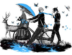 Rule 34 | 1girl, 2boys, animal, basket, bicycle, bird, blue scarf, blue theme, deer, dress, flower, gloves, grass, hand on headwear, hat, long sleeves, looking away, looking back, multiple boys, original, pants, parasol, pleated dress, puddle, rabbit, riding, rily, scarf, spot color, striped clothes, striped pants, umbrella, unworn hat, unworn headwear, vertical-striped clothes, vertical-striped pants, waka54, walking, water, white background, wind