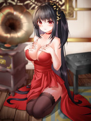 Rule 34 | 1girl, absurdres, ahoge, azur lane, bare shoulders, black hair, black thighhighs, blush, breasts, center opening, chair, choker, cocktail dress, collarbone, dress, hair between eyes, hair ornament, hands on own chest, highres, hsxxx, indoors, large breasts, long hair, looking at viewer, official alternate costume, on floor, one side up, phonograph, red choker, red dress, red eyes, sash, seiza, side slit, sitting, solo, strap gap, taihou (azur lane), taihou (forbidden feast) (azur lane), thighhighs, very long hair, wooden floor