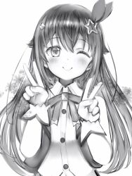 Rule 34 | 1girl, blush, bow, closed mouth, dot nose, double v, greyscale, hair bow, hair ornament, highres, hololive, long hair, looking at viewer, monochrome, nanashi (nlo), neck ribbon, one eye closed, ribbon, simple background, smile, solo, star (symbol), star hair ornament, tokino sora, tokino sora (1st costume), upper body, v, virtual youtuber, white background