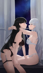 Rule 34 | 2girls, absurdres, arms around neck, black bra, black hair, black panties, blush, bra, breasts, closed mouth, crescent, crescent hair ornament, curtains, from side, hair ornament, highres, large breasts, leaning forward, long hair, looking at another, medium breasts, multiple girls, night, night sky, original, panties, profile, sitting, sky, smile, so shio, star (sky), starry sky, strap gap, strap slip, syringe, thigh strap, underwear, underwear only, white bra, white hair, white panties, yuri