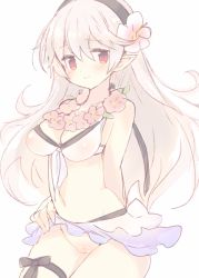 Rule 34 | 1girl, bad id, bad twitter id, bikini, blush, breasts, corrin (female) (fire emblem), corrin (fire emblem), fire emblem, fire emblem fates, fire emblem heroes, hair between eyes, hairband, long hair, looking at viewer, nintendo, pointy ears, pussy, red eyes, simple background, smile, solo, swimsuit, teu (navy), uncensored, white background, white hair