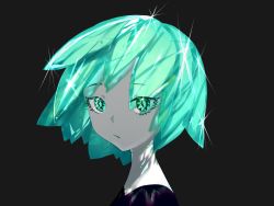 Rule 34 | 1other, androgynous, aqua hair, colored eyelashes, crystal hair, from side, gem uniform (houseki no kuni), green eyes, green hair, grey background, haiyahaiyohai, houseki no kuni, looking afar, looking to the side, necktie, other focus, phosphophyllite, portrait, short hair, simple background, solo