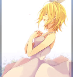 Rule 34 | 1girl, akiyoshi (tama-pete), bare arms, bare shoulders, blonde hair, closed eyes, crying, dress, dutch angle, facing away, floating hair, gradient background, grey background, hair ribbon, hands on own chest, happy, kagamine rin, light smile, open mouth, own hands together, profile, ribbon, short hair, simple background, sleeveless, sleeveless dress, solo, striped, striped background, tears, transparent background, upper body, vertical stripes, vocaloid, white background, white dress