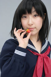 Rule 34 | awatsuki anzu, cosplay, food, fruit, ichigo 100 percent, photo (medium), school uniform, serafuku, strawberry, toujou aya