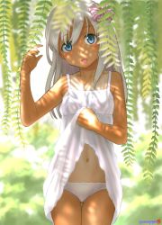 Rule 34 | 1girl, alternate costume, bare arms, bare shoulders, blush, bow, breasts, clothes lift, collarbone, commentary request, cowboy shot, dappled sunlight, day, dress, dress lift, gluteal fold, hair bow, hair ornament, kantai collection, leaf, lifting own clothes, long hair, looking at viewer, mu-pyon, navel, one-piece tan, open mouth, outdoors, panties, ro-500 (kancolle), shadow, small breasts, smile, solo, sundress, sunlight, tan, tanline, twitter username, underwear, white dress, white panties