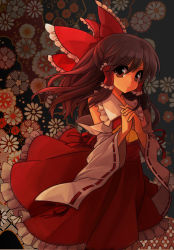 Rule 34 | 1girl, absurdres, ascot, bad id, bad pixiv id, black hair, brown eyes, colorized, detached sleeves, female focus, floral background, flower, hair ribbon, hakurei reimu, half updo, highres, japanese clothes, masaru.jp, miko, mitsuki32k, own hands clasped, own hands together, ribbon, solo, touhou, yellow ascot