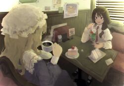 Rule 34 | 2girls, bo cota, booth seating, cake, cake slice, coffee, cup, dessert, drinking straw, food, fork, highres, maribel hearn, multiple girls, plate, poster (object), restaurant, table, teacup, touhou, usami renko