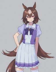 Rule 34 | 1girl, animal ears, arm at side, brown hair, closed mouth, collarbone, commentary request, cowboy shot, grey background, hair between eyes, hakuhatsu, hand on own hip, highres, horse ears, horse girl, long hair, looking at viewer, multicolored hair, puffy short sleeves, puffy sleeves, purple shirt, red eyes, sailor collar, school uniform, shirt, short sleeves, simple background, sirius symboli (umamusume), skirt, smile, solo, split mouth, thighhighs, tracen school uniform, two-tone hair, umamusume, v-shaped eyebrows, white skirt, white thighhighs