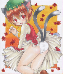 Rule 34 | 1girl, anger vein, animal ears, ass, autumn, autumn leaves, cat ears, cat tail, chen, claw pose, earrings, falling leaves, fang, highres, jewelry, leaf, leaf background, maple leaf, multiple tails, nekomata, shikishi, skin fang, tail, touhou, traditional media, tsugumi (tky-fam), underwear