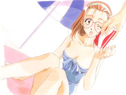 Rule 34 | 1990s (style), 1girl, bangs pinned back, bare shoulders, beach umbrella, blue one-piece swimsuit, blush, breasts, brown eyes, brown hair, can, cleavage, collarbone, day, drink can, hairband, holding, holding can, hosaka miyuki, kai tomohisa, knees together feet apart, medium breasts, narrow waist, official art, one-piece swimsuit, one eye closed, open mouth, outdoors, painting (medium), pink-framed eyewear, retro artstyle, sentimental graffiti, sitting, soda can, solo, solo focus, strapless, strapless one-piece swimsuit, surprised, swimsuit, traditional media, umbrella, watercolor (medium)