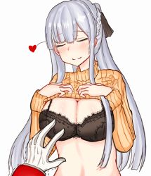 Rule 34 | 1girl, ak-12 (girls&#039; frontline), black bra, black ribbon, blush, bra, braid, breasts, cleavage, closed mouth, clothes lift, closed eyes, french braid, girls&#039; frontline, gloves, hair ribbon, hands on own chest, heart, heart print, highres, large breasts, long hair, peroronti, ribbon, silver hair, solo, sweater, sweater lift, underwear, white background, white gloves, yellow sweater