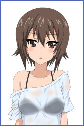 Rule 34 | 1girl, bertsr, black bra, blue border, blush, border, bra, brown eyes, brown hair, commentary, girls und panzer, highres, looking at viewer, nishizumi maho, off-shoulder shirt, off shoulder, parted lips, see-through, shirt, short hair, short sleeves, simple background, solo, t-shirt, underwear, upper body, white background, white shirt