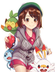 Rule 34 | 1girl, absurdres, arl, blush, breasts, brown eyes, brown hair, cardigan, commentary request, creatures (company), dress, game freak, gen 8 pokemon, gloria (pokemon), green headwear, grey cardigan, grookey, hat, highres, holding, holding poke ball, jacket, large breasts, long sleeves, looking at viewer, nintendo, open mouth, pink dress, poke ball, poke ball (basic), pokemon, pokemon (creature), pokemon swsh, scorbunny, short hair, simple background, smile, sobble, starter pokemon trio, tam o&#039; shanter, white background