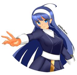 Rule 34 | 1girl, absurdres, ahoge, blue eyes, blue hair, breasts, bright pupils, closed mouth, dress, hairband, highres, huge ahoge, long hair, long sleeves, looking at viewer, millerbrave, open hand, open mouth, orie ballardiae harada, simple background, smile, solo, twitter username, under night in-birth, white background, white hairband, white pupils