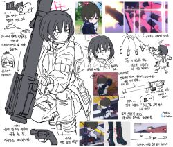 Rule 34 | 2girls, baseball cap, blue archive, boots, closed mouth, coat, ear piercing, flukhan, gun, halo, hat, highres, holding, holding gun, holding weapon, korean text, long sleeves, mask, mask around neck, misaki (blue archive), multiple girls, multiple views, open clothes, open coat, piercing, rocket launcher, saori (blue archive), screenshot inset, short hair, simple background, twitter username, weapon, white background