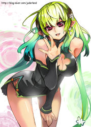 Rule 34 | 1girl, bare shoulders, breasts, cavalier of the abyss, cleavage, detached sleeves, earrings, female focus, green hair, hair ornament, hip focus, jewelry, juder, leaning forward, long hair, no panties, pointy ears, red eyes, smile, solo, white background, yuan