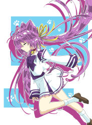 Rule 34 | 1girl, absurdres, bell, bow, brown footwear, cat tail, closed eyes, floating hair, from side, hair ears, hair ribbon, hakuryou high school uniform, highres, kamon rider, long hair, muv-luv, neck bell, open hand, pink hair, purple bow, ribbon, school uniform, skirt, sleeves past wrists, smile, solo, tail, tamase miki, twintails, white skirt, yellow ribbon