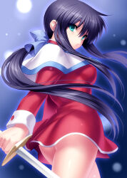 Rule 34 | 1girl, aqua eyes, arm at side, ass, black hair, blue background, blue ribbon, breasts, capelet, cowboy shot, curvy, dress, eyelashes, floating hair, from behind, green eyes, hair between eyes, hair ribbon, highres, holding, holding sword, holding weapon, kanon, kawasumi mai, light particles, long hair, looking at viewer, looking back, medium breasts, non-web source, parted lips, ponytail, red dress, ribbon, school uniform, shiny skin, short dress, sidelocks, simple background, solo, standing, straight hair, sword, very long hair, weapon, white capelet, zen (kamuro)