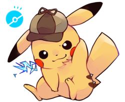Rule 34 | black eyes, brown hat, closed mouth, clothed pokemon, commentary request, creatures (company), detective pikachu, detective pikachu (character), detective pikachu (game), full body, game freak, gen 1 pokemon, hat, looking at viewer, nintendo, no humans, pikachu, poke ball symbol, pokemon, pokemon (creature), sitting, smile, solo, una (y070604), white background, yellow fur