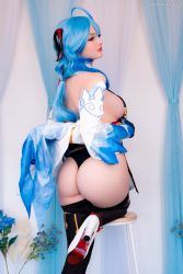 Rule 34 | 1girl, absurdres, ahoge, ass, bare shoulders, blue hair, breasts, come hither, cosplay, detached sleeves, from behind, ganyu (genshin impact), ganyu (genshin impact) (cosplay), genshin impact, gloves, goat horns, high heels, highres, horns, huge ass, large breasts, leotard, long hair, looking at viewer, looking back, mikomin, naughty face, photo (medium), shiny skin, sideboob, smile, solo, thick thighs, thighhighs, thighs, thong, thong leotard, very long hair