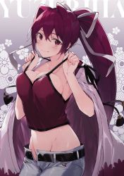 Rule 34 | breasts, character name, cleavage, coat, coat on shoulders, flower background, hair intakes, hair ribbon, highres, kotori bb, lifted by self, long hair, looking at viewer, no bra, open fly, pants, ponytail, purple hair, ribbon, slit pupils, solo, squished boobs, tagme, tank top, under night in-birth, unzipped, very long hair, white pants, yuzuriha (under night in-birth)