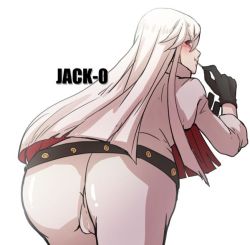 Rule 34 | 1girl, arc system works, ass, belt, bodysuit, cameltoe, candy, food, from behind, gloves, guilty gear, guilty gear xrd, guilty gear xrd: revelator, huge ass, jack-o&#039; valentine, lollipop, long hair, looking back, multicolored hair, red eyes, red hair, silver hair, solo