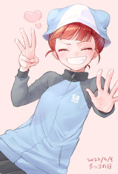 Rule 34 | 100zi, 1girl, blue headwear, blue jacket, blunt bangs, closed eyes, commentary, dated, dutch angle, facing viewer, girls und panzer, grin, heart, highres, jacket, keizoku military uniform, long sleeves, mikko (girls und panzer), military, military uniform, open hand, pink background, raglan sleeves, red hair, smile, solo, track jacket, tulip hat, uniform, w