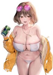 Rule 34 | 1girl, absurdres, anis (nikke), anis (sparkling summer) (nikke), bikini, breasts, brown hair, can, collarbone, curvy, eyewear on head, goddess of victory: nikke, highres, holding, holding can, huge breasts, jacket, jewelry, large breasts, looking at viewer, navel, necklace, open clothes, open jacket, short hair, side-tie bikini bottom, simple background, smile, solo, sunglasses, swimsuit, thighs, white background, white bikini, yellow eyes, yjs0803123