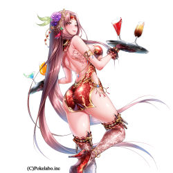 Rule 34 | 1girl, ;p, armlet, ass, bare shoulders, blush, breasts, brown hair, cup, female focus, flower, from behind, gloves, hair flower, hair ornament, headband, high heels, hizuki akira, large breasts, long hair, looking at viewer, looking back, one eye closed, original, purple flower, purple rose, rose, simple background, smile, solo, tattoo, thighhighs, tongue, tongue out, tray, very long hair, white background