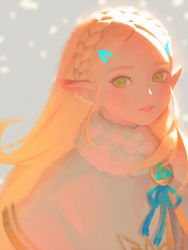 Rule 34 | 1girl, artist name, bellhenge, blonde hair, blue eyes, blue ribbon, braid, commentary, english commentary, green eyes, grey background, hair ornament, hairclip, long hair, looking at viewer, neck ribbon, nintendo, parted lips, pointy ears, princess zelda, ribbon, smile, solo, teeth, the legend of zelda, the legend of zelda: breath of the wild, triforce print