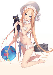 Rule 34 | 1girl, abigail williams (fate), abigail williams (swimsuit foreigner) (fate), abigail williams (swimsuit foreigner) (third ascension) (fate), ball, bare shoulders, barefoot, beachball, bikini, black cat, blonde hair, blue eyes, bonnet, bow, braid, breasts, cat, fate/grand order, fate (series), forehead, hair bow, hair rings, kneeling, legs, long hair, looking at viewer, miniskirt, navel, open mouth, parted bangs, sakanasoko, sidelocks, simple background, skirt, small breasts, swimsuit, twin braids, twintails, very long hair, white background, white bikini, white bow, white headwear