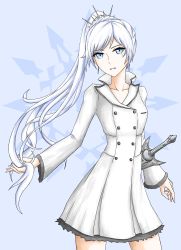 Rule 34 | 1girl, absurdres, blue background, blue eyes, buttons, coat, double-breasted, earrings, hand in own hair, high ponytail, highres, jewelry, long hair, looking at viewer, myrtenaster, parted lips, ponytail, rwby, scar, scar across eye, scar on face, smile, solo, tsukimizake, very long hair, weiss schnee, white coat, white hair