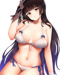 Rule 34 | 1girl, bare shoulders, bikini, black hair, blunt bangs, blush, breasts, collarbone, flower, front-tie bikini top, front-tie top, girls&#039; frontline, gloves, hair flower, hair ornament, hairband, hand in own hair, highres, large breasts, long hair, looking at viewer, navel, official alternate costume, parted lips, side-tie bikini bottom, simple background, solo, swimsuit, type 95 (girls&#039; frontline), type 95 (summer cicada) (girls&#039; frontline), very long hair, white background, white bikini, white gloves, white hairband, wsman, yellow eyes
