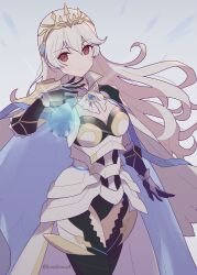 Rule 34 | 1girl, 343rone, absurdres, armor, black gloves, black leotard, black thighhighs, breasts, cape, cleavage, commentary request, corrin (female) (fire emblem), corrin (female) (silent bloodline) (fire emblem), corrin (fire emblem), cowboy shot, crown, dragonstone, fire emblem, fire emblem fates, fire emblem heroes, gloves, hair between eyes, highres, large breasts, leotard, long hair, looking at viewer, medium breasts, nintendo, official alternate costume, red eyes, shoulder armor, smile, solo, thighhighs, twitter username, white hair