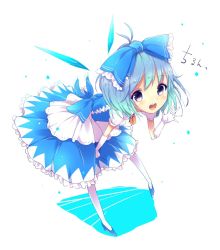 Rule 34 | 1girl, adapted costume, blue dress, blue eyes, blue footwear, blue hair, bow, cirno, dress, elbow gloves, full body, gloves, hair bow, high heels, highres, ice, ice wings, matching hair/eyes, one-hour drawing challenge, open mouth, puffy sleeves, ribbon, shoes, short hair, short sleeves, solo, thighhighs, touhou, uta (kuroneko), waving, white gloves, white thighhighs, wings