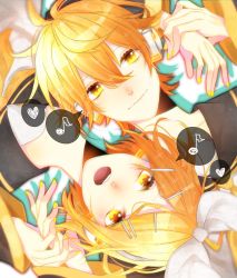 Rule 34 | 1boy, 1girl, bad id, bad pixiv id, blonde hair, bow, brother and sister, eyelashes, hair bow, hair ornament, hairclip, headphones, heart, hetero, highres, holding hands, kagamine len, kagamine rin, looking at viewer, musical note, nail polish, open mouth, outline, pale skin, short hair, siblings, smile, sparkle, speech bubble, twins, vocaloid, w@i, yellow eyes, yellow nails