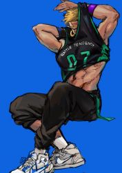 Rule 34 | 1boy, abs, absurdres, basketball uniform, battle tendency, blonde hair, blue background, clothes lift, copyright name, earrings, closed eyes, facial tattoo, highres, jewelry, jojo no kimyou na bouken, male focus, pants, shirt lift, shoes, simple background, sneakers, solo, sportswear, tattoo, track pants, wamuu, wristband, xubeichaoyansuan