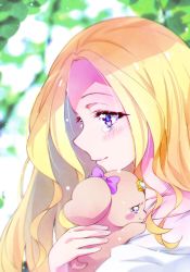 Rule 34 | 1girl, animal, blonde hair, blurry, blurry background, blush, closed mouth, collarbone, fuurin asumi, hair intakes, healin&#039; good precure, highres, holding, holding animal, kyoutsuugengo, latte (precure), long hair, precure, purple eyes, smile, tears, upper body