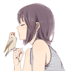 Rule 34 | 1girl, bare shoulders, bird, bird on hand, closed eyes, from side, imminent kiss, mattaku mousuke, open mouth, original, parrot, profile, short hair, simple background, solo, striped, white background