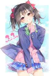 Rule 34 | 10s, 1girl, black hair, blazer, blush, bow, cardigan, commentary request, grin, hair between eyes, hair bow, head tilt, highres, jacket, long hair, long sleeves, looking at viewer, love live!, love live! school idol project, pleated skirt, red eyes, school uniform, signature, skirt, sleeves past wrists, smile, solo, twintails, yana mori, yazawa nico