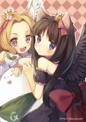 Rule 34 | 2girls, :d, animal ears, argyle, argyle background, argyle clothes, bare shoulders, black eyes, black hair, black wings, blonde hair, blush, bow, brown eyes, cat ears, crown, feathered wings, hair bow, hair ornament, hair ribbon, long hair, looking at viewer, midorikawa you, mini crown, multiple girls, open mouth, original, outline, revision, ribbon, smile, watermark, web address, white wings, wings