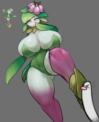 Rule 34 | 1girl, absurdres, blush, breasts, cleavage, colored sclera, colored skin, covered navel, creatures (company), curvy, female focus, from below, furry, game freak, gen 5 pokemon, gipehtyboo, gradient skin, green hair, green leotard, grey background, hand to own mouth, highres, hisuian lilligant, huge breasts, leotard, lilligant, monster girl, navel, nintendo, pink sclera, plant girl, pokemon, purple skin, reference inset, shiny skin, short hair, skindentation, solo, standing, stepping, strapless, thick thighs, thighs, white eyes, white skin, wide hips, wiglett